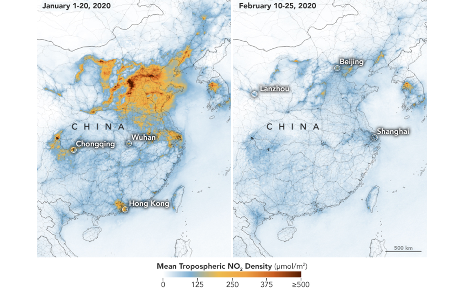 Satellite imagery shows a drop in air pollution over central and eastern China following a government imposed coronavirus quarantine. (NASA Earth Observatory/Joshua Stevens)